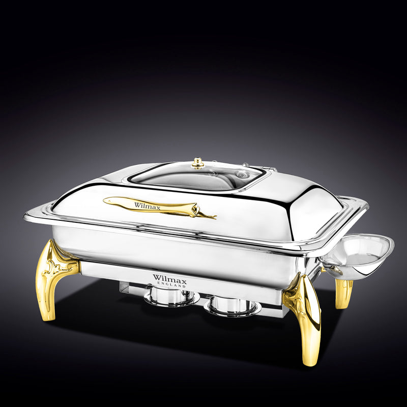 Wilmax Rectangle 31x58x45cm Chafing Dish - Steel & Gold