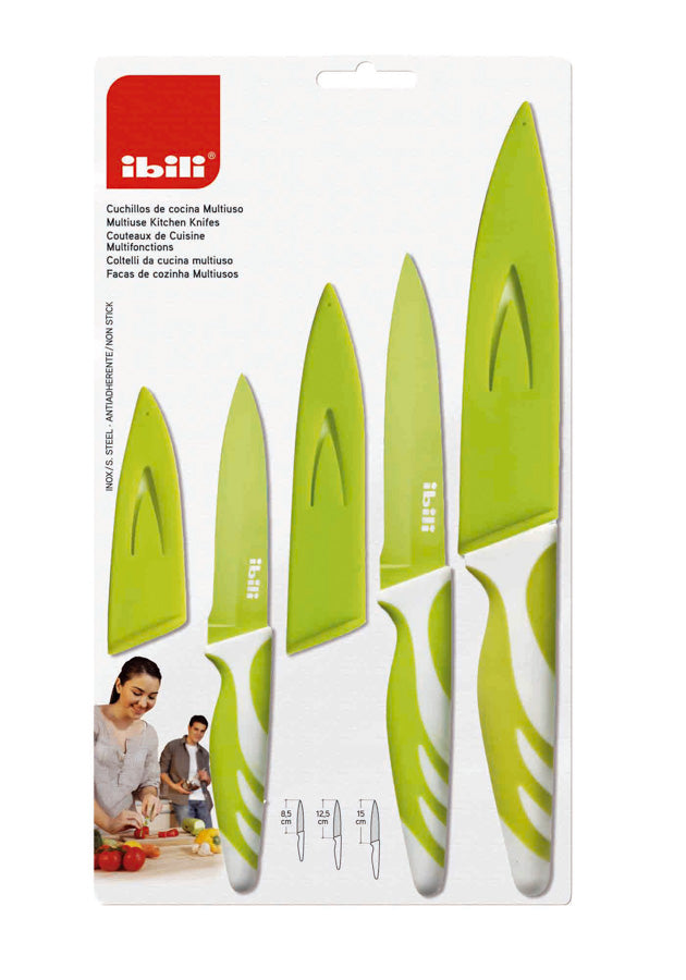 Ibili Set of 3 Kitchen Knives with Guards - Green