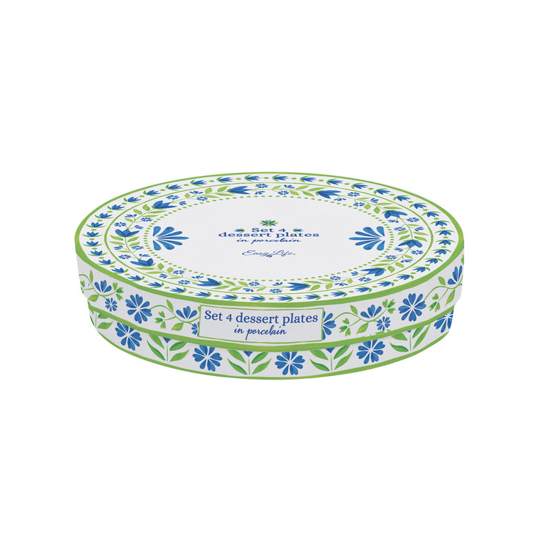 Easy Life Flowers Garden 4-Piece Dessert Plate Set in Box - Blue & Green