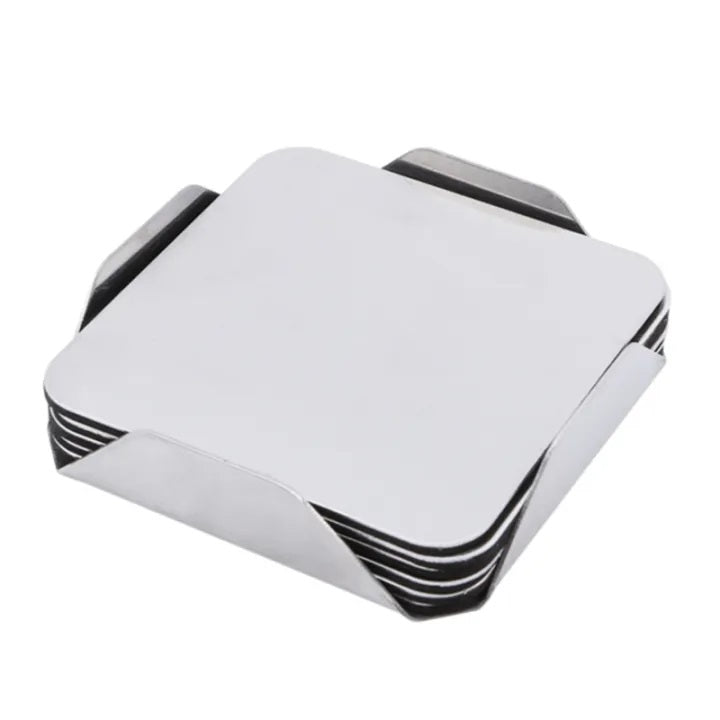 ARMN Zurin Steel Square 6-Piece Coaster Set with Holder - Silver