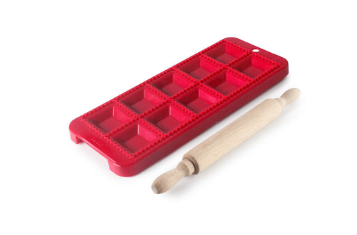 Ibili Square Ravioli Mold with Rolling Pin - Red Colored
